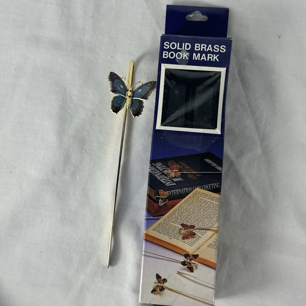 Vintage Solid Brass‎ Butterfly Bookmark Blue Enamel Book Mark w/ Box